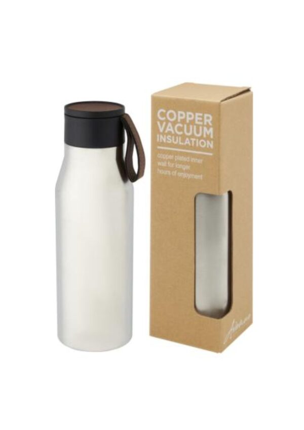 Ljungan 500 ml copper vacuum insulated stainless steel bottle with PU leather strap and lid - Silver