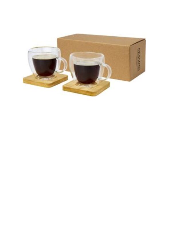 Manti 2-piece 100 ml double-wall glass cup with bamboo coaster - Transparent / Natural